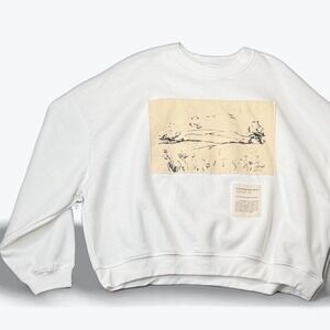 D&F Ricky Singh Relaxed Fit Fleece Sweatshirt White Landscape Graphic Large NEW